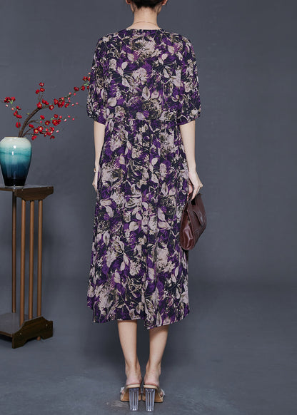 Unique Purple Print Bow Silk Holiday Dress Summer