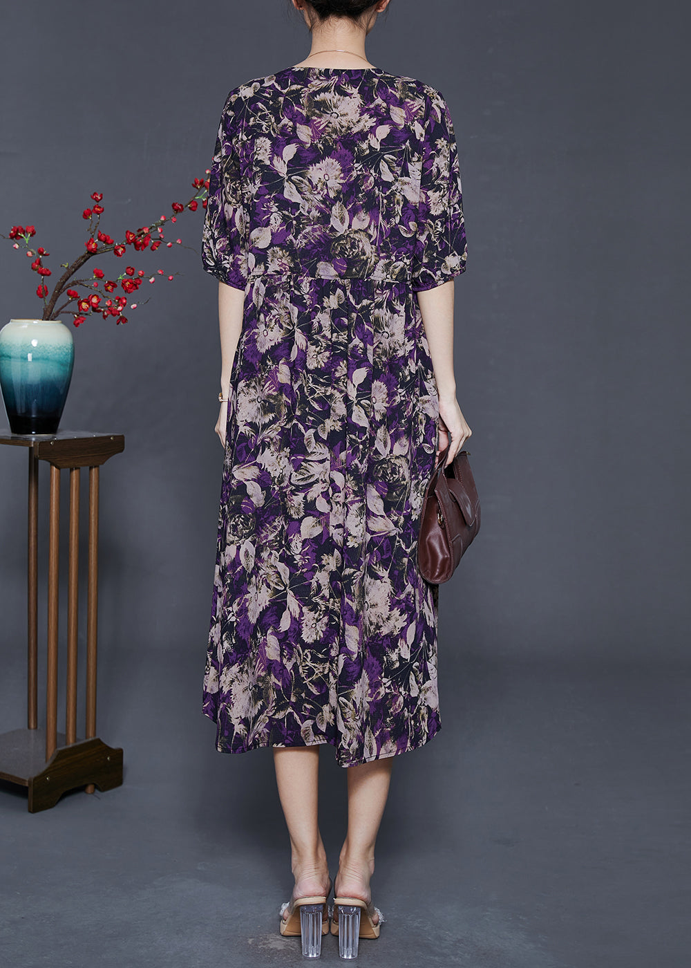 Unique Purple Print Bow Silk Holiday Dress Summer