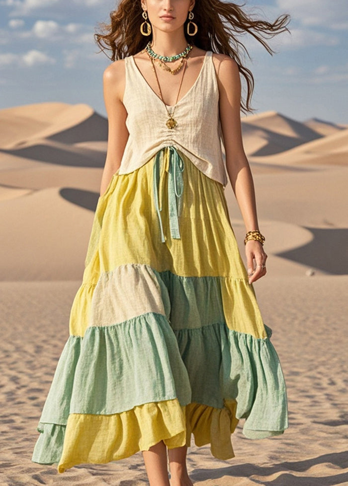 Colorblock Cinched Patchwork Cotton Dresses Summer
