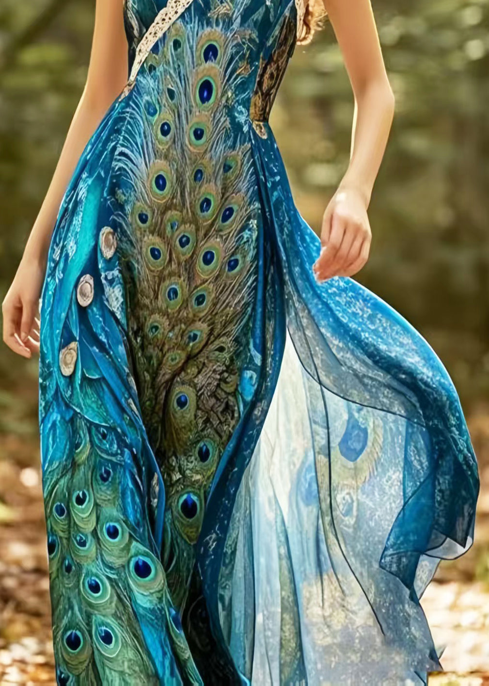 Peacock Blue Print Chiffon Halter Dresses Summer