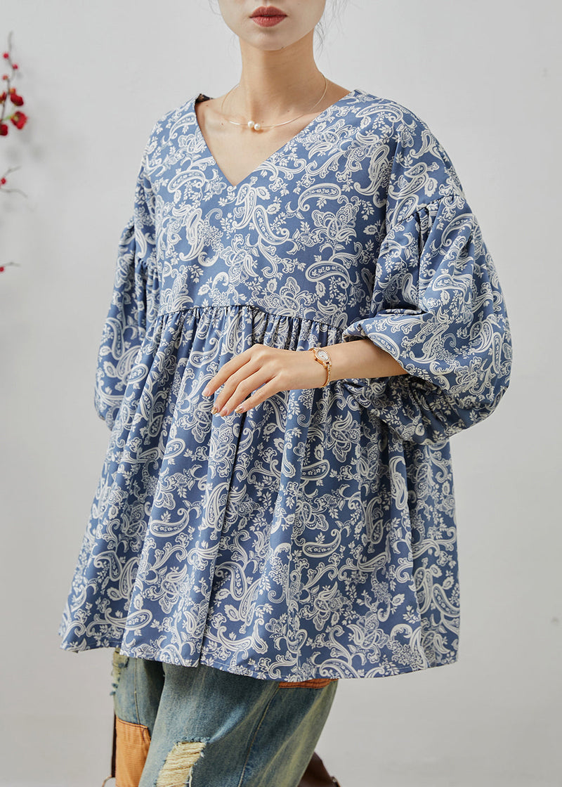 Blue Oversized Print Cotton Shirts Summer