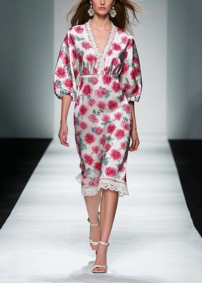 Pink Patchwork Lace Silk Mid Dress Summer