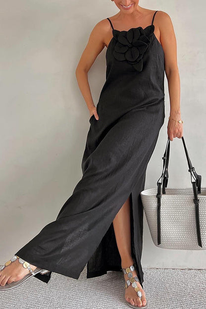 Vacay Ready Linen Blend Embellishment Pocketed Slit Maxi Dress