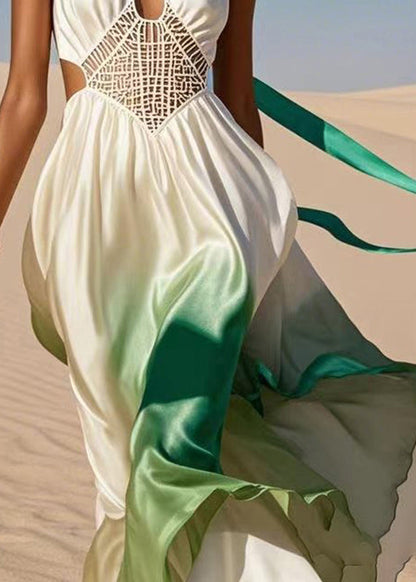 Colorblock Asymmetrical Hollow Out Cold Shoulder Silk Maxi Dress Summer