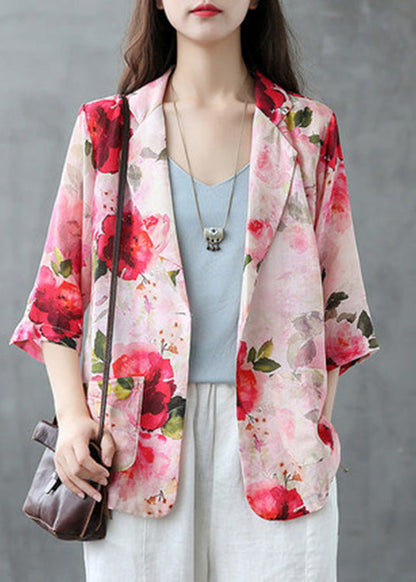 Red Peter Pan Collar Print Button Linen Coats Summer