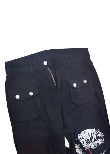 Unique Black Button Print Pockets Denim Pants Summer
