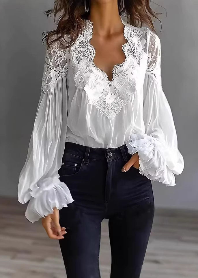 Black Puff Sleeve Lace Patchwork Chiffon Shirt Top