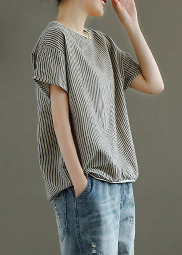 Grey V Neck Striped Patchwork Linen Tank Tops Short Sleeve