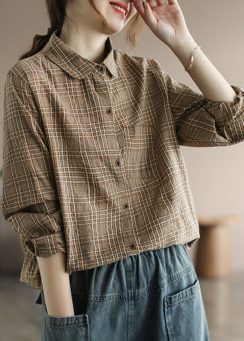 Chocolate Plaid Cotton Shirt Tops Pocket Long Sleeve