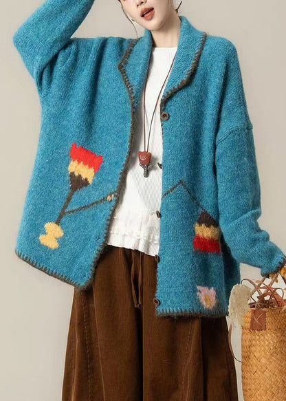 Blue Oversized Print Knit Loose Jacket Winter