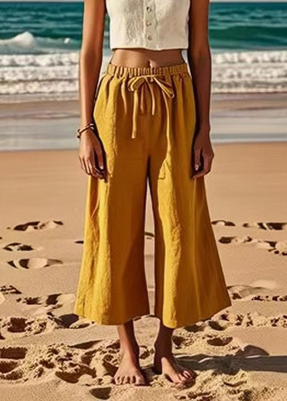 Loose Earth Yellow Tie Waist Wide Leg Pants Summer