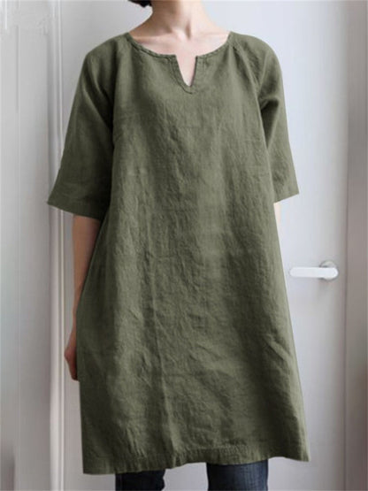 Color V-neck Cotton Linen Shoulder Insert Medium-sleeved Temperament A-line Dresses