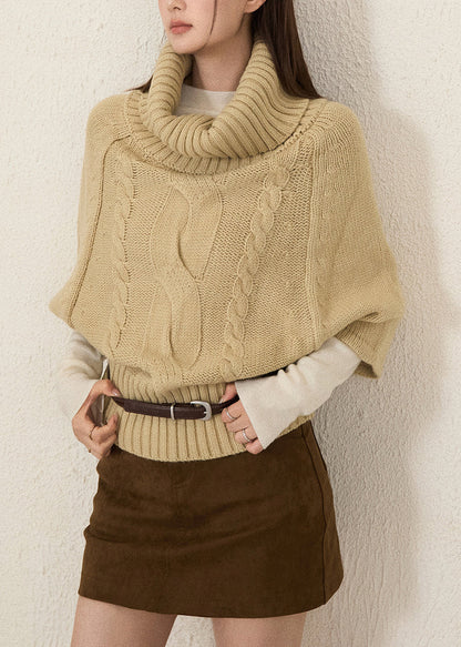 Khaki Turtle Neck Thick Knit Sweaters Batwing Sleeve