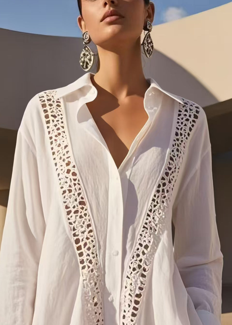 White Oversized Patchwork Hollow Out Cotton Shirts Spring