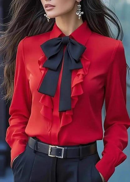 Stylish White Bow Ruffled Chiffon Shirts Top Spring