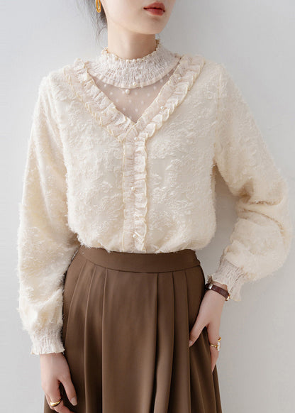 Natural Apricot Ruffled Patchwork Warm Fleece Blouse Tops Spring