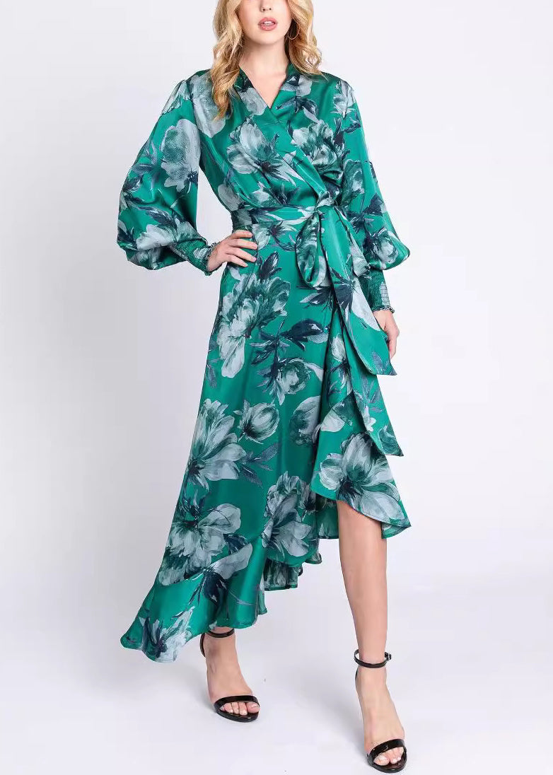 Green V Neck Print Lace Up Cotton Long Dresses Long Sleeve