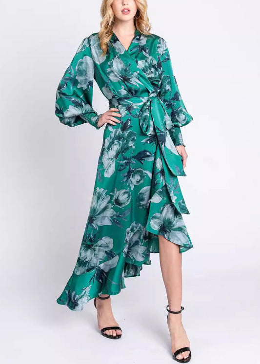 Green V Neck Print Lace Up Cotton Long Dresses Long Sleeve
