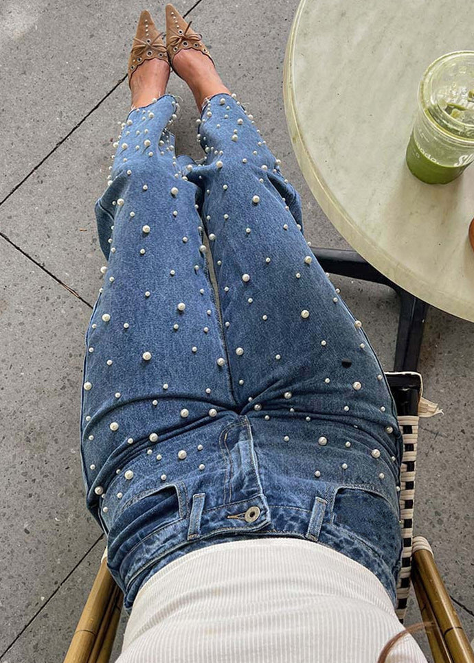 Original Design Blue Pockets Nail Bead Denim Pants Spring