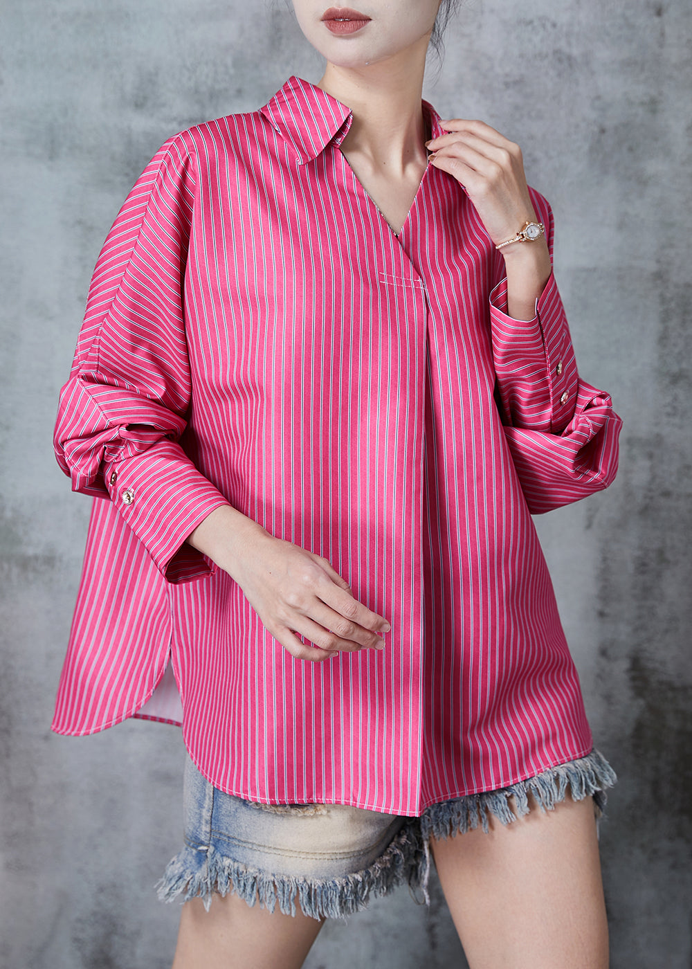 Rose Peter Pan Collar Striped Cotton Shirts Fall