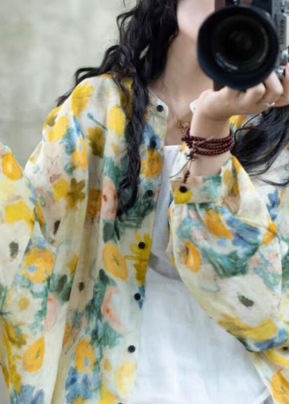 Yellow Print Button Linen Loose Shirts Lantern Sleeve
