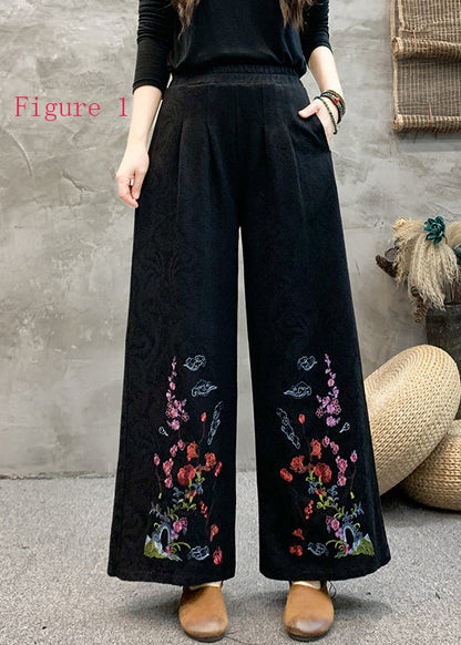Style Embroidered Elastic Waist Wide Leg Pants Spring