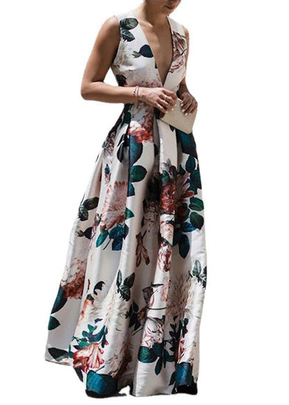 Stylish White V Neck Print Wrinkled Cotton Long Dresses Sleeveless