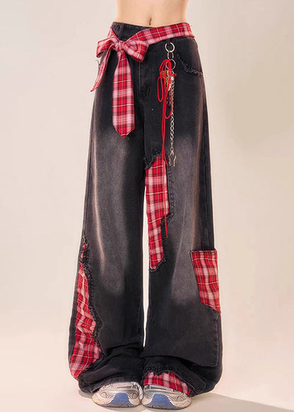 Black Bow Plaid Patchwork Denim Wide Leg Pants Summer