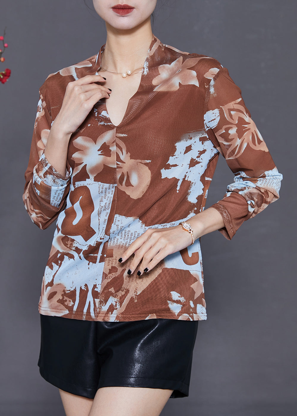 Khaki V Neck Print Tulle Shirt Tops Summer