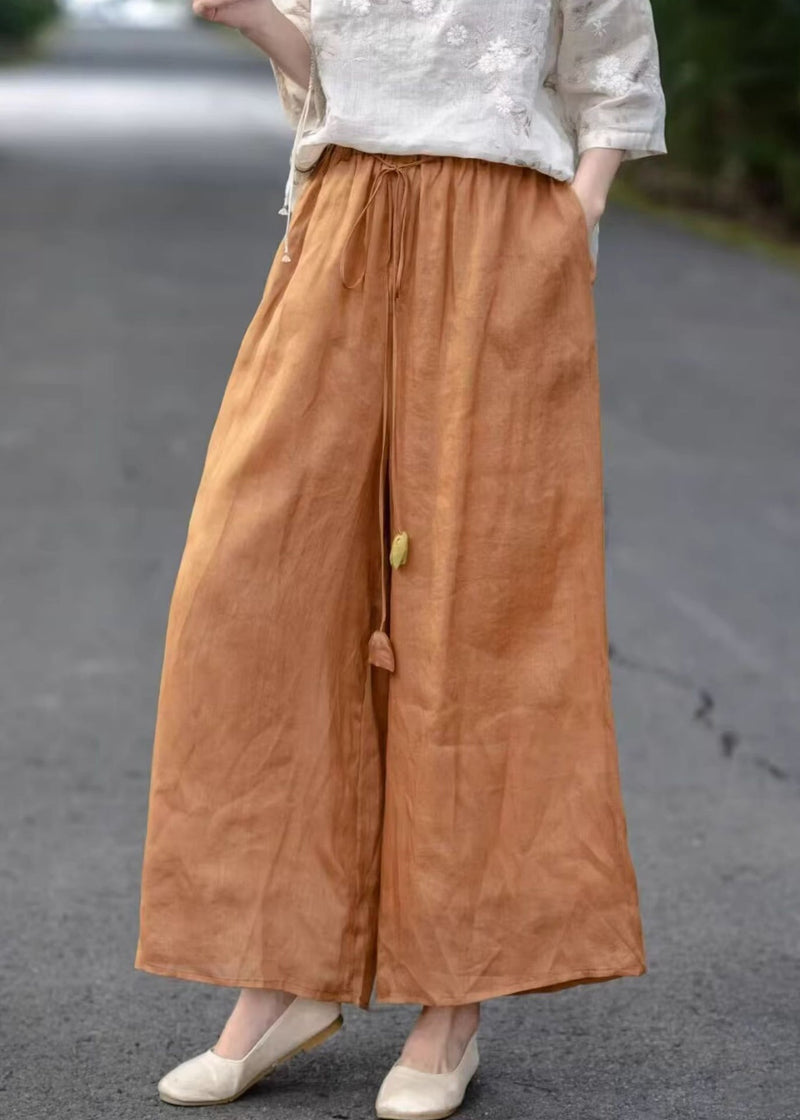Orange Pockets Cotton Summer Crop Pants Elastic Waist