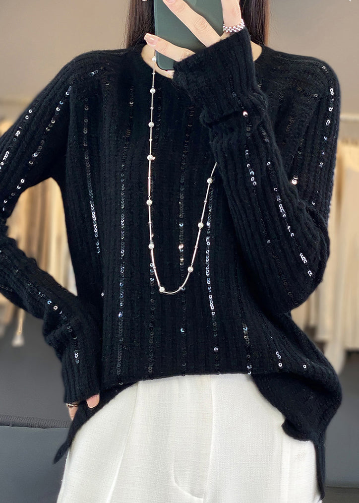 Black Sequins Patchwork Knit Short Sweater
