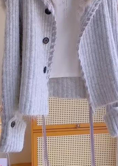 Grey Fox Collar Button Patchwork Knit Coats Winter