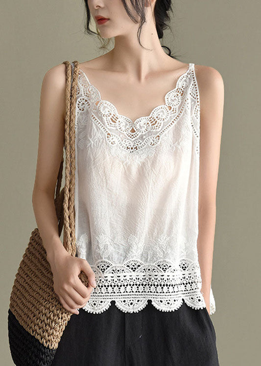 Handmade White Lace Patchwork Cotton Spaghetti Strap Tops Summer
