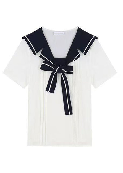 Art White Sailor Collar Lace Up Cotton Blouse Summer