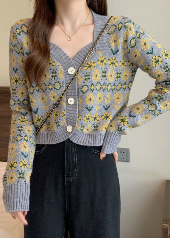 Purple V Neck Button Print Knit Short Cardigans Spring