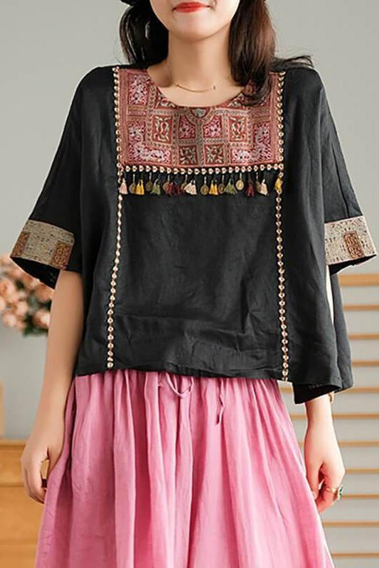 Embroidered Tasseled Split Linen T-shirt