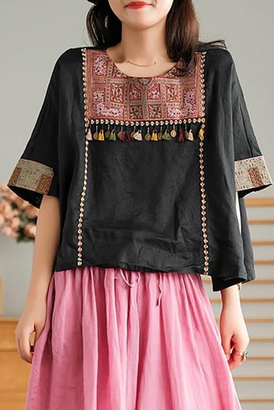 Embroidered Tasseled Split Linen T-shirt