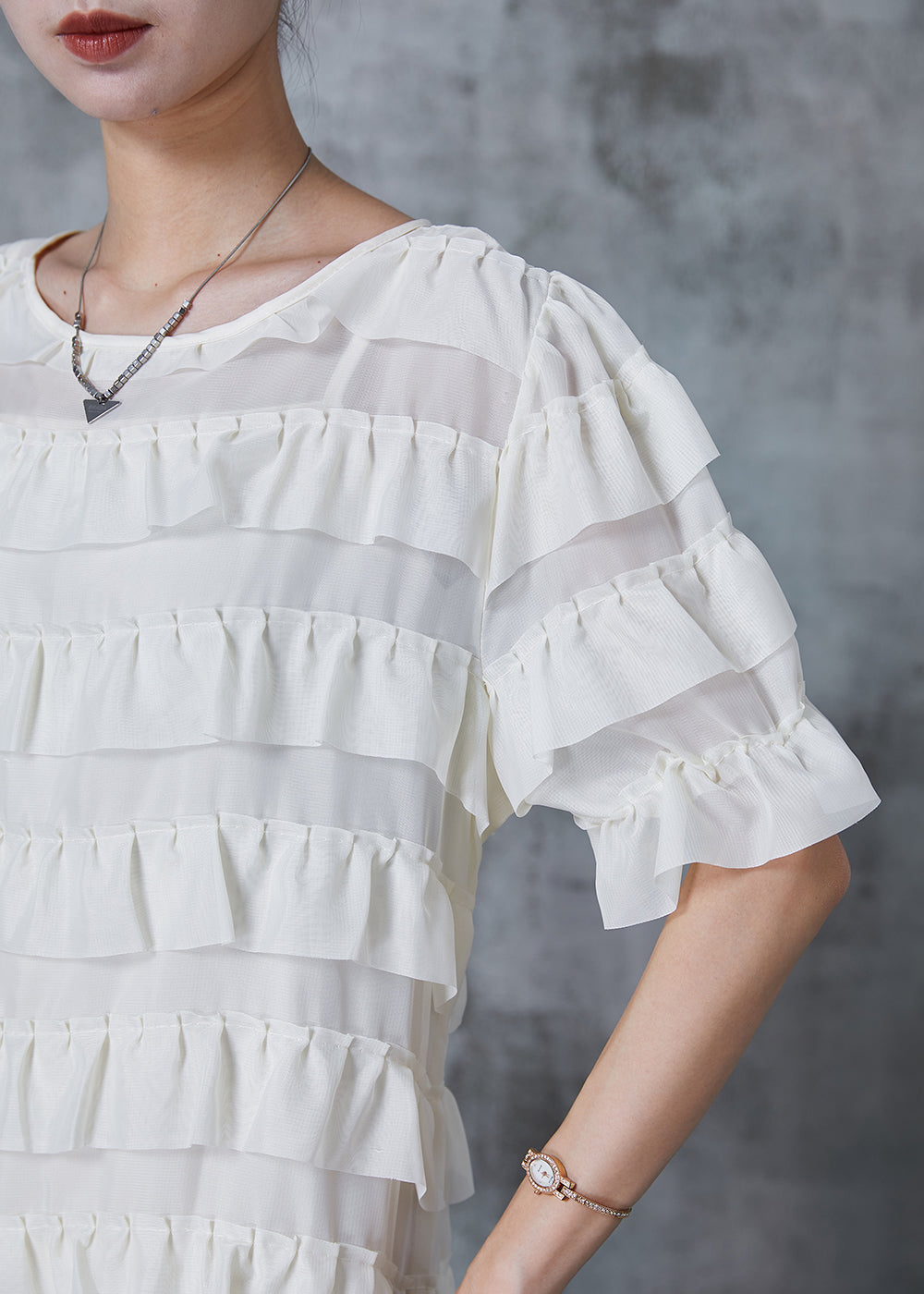 White Ruffles Layered Chiffon Mini Dresses Summer