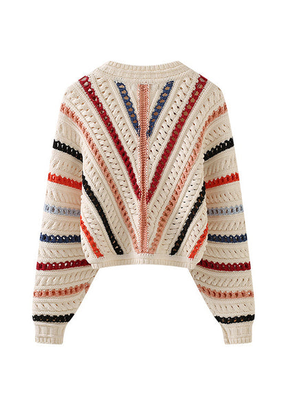 Original Design O-neck Striped Hollow Out Knit Sweaters Spring