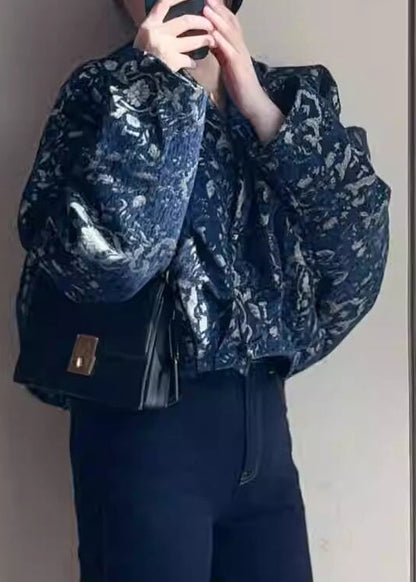 Blue V Neck Button Print Cotton Short Coats Fall