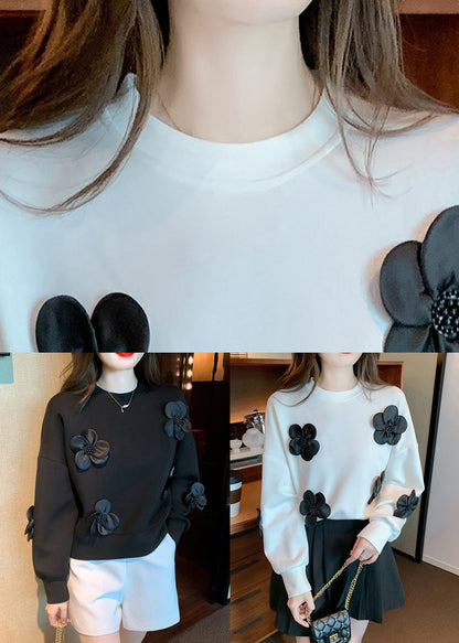 Black O Neck Patchwork Cotton Sweatshirt Fall