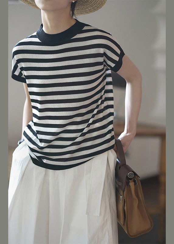 Blue O Neck Striped Cotton T Shirts Top Summer