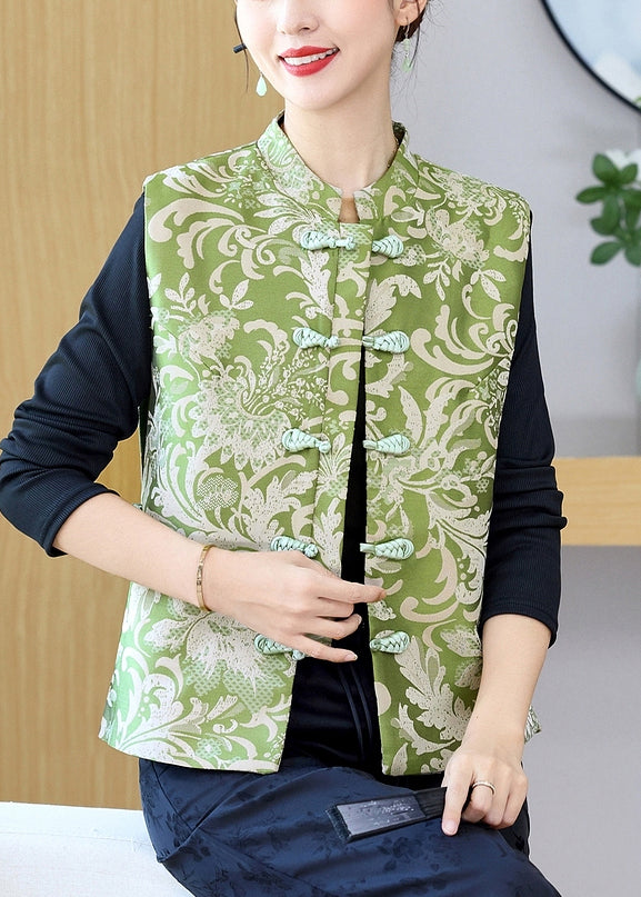 Green Stand Collar Print Button Silk Waistcoat Sleeveless