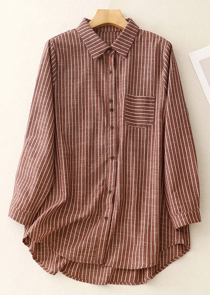 Art Red Peter Pan Collar Striped Cotton Blouses Spring