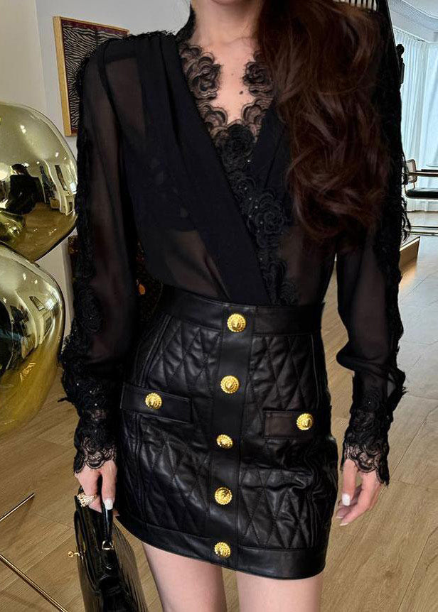 White V Neck Lace Patchwork Chiffon Shirt Fall