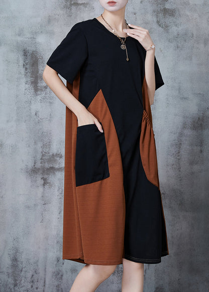 Black Asymmetrical Patchwork Pocket Cotton Dresses Summer