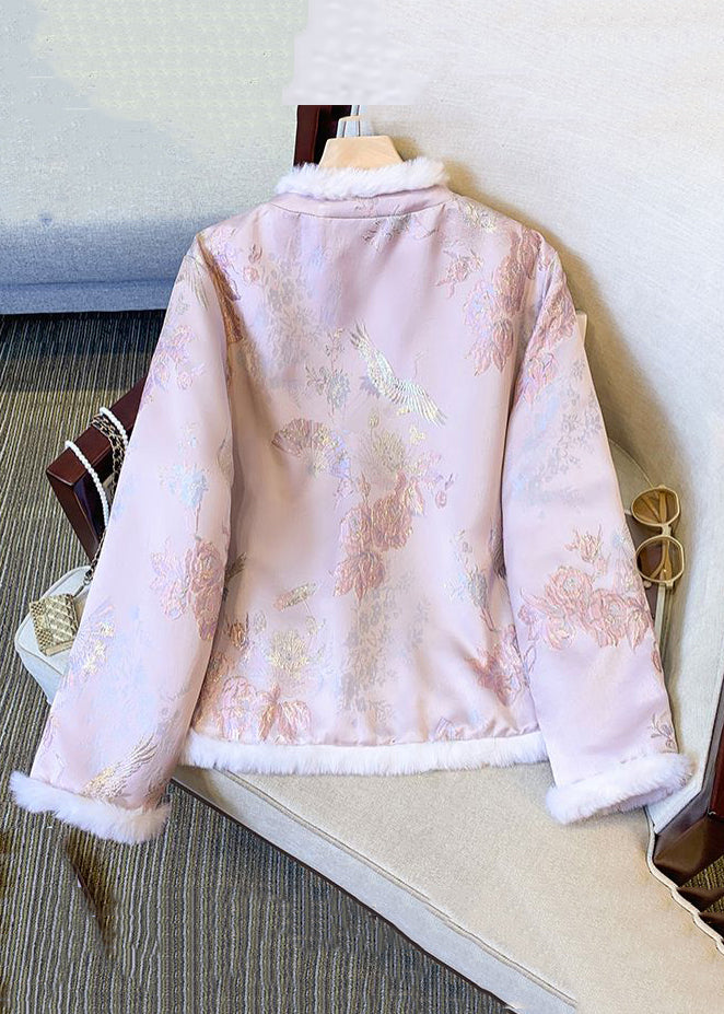 Pink Fur Collar Chinese Button Thick Parkaer Winter