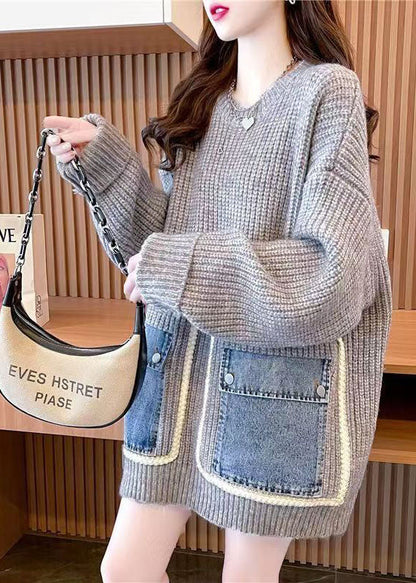 French Grey O-neck Oversized Lazy Patchwork Pockets Knit Sweater Tops Winter