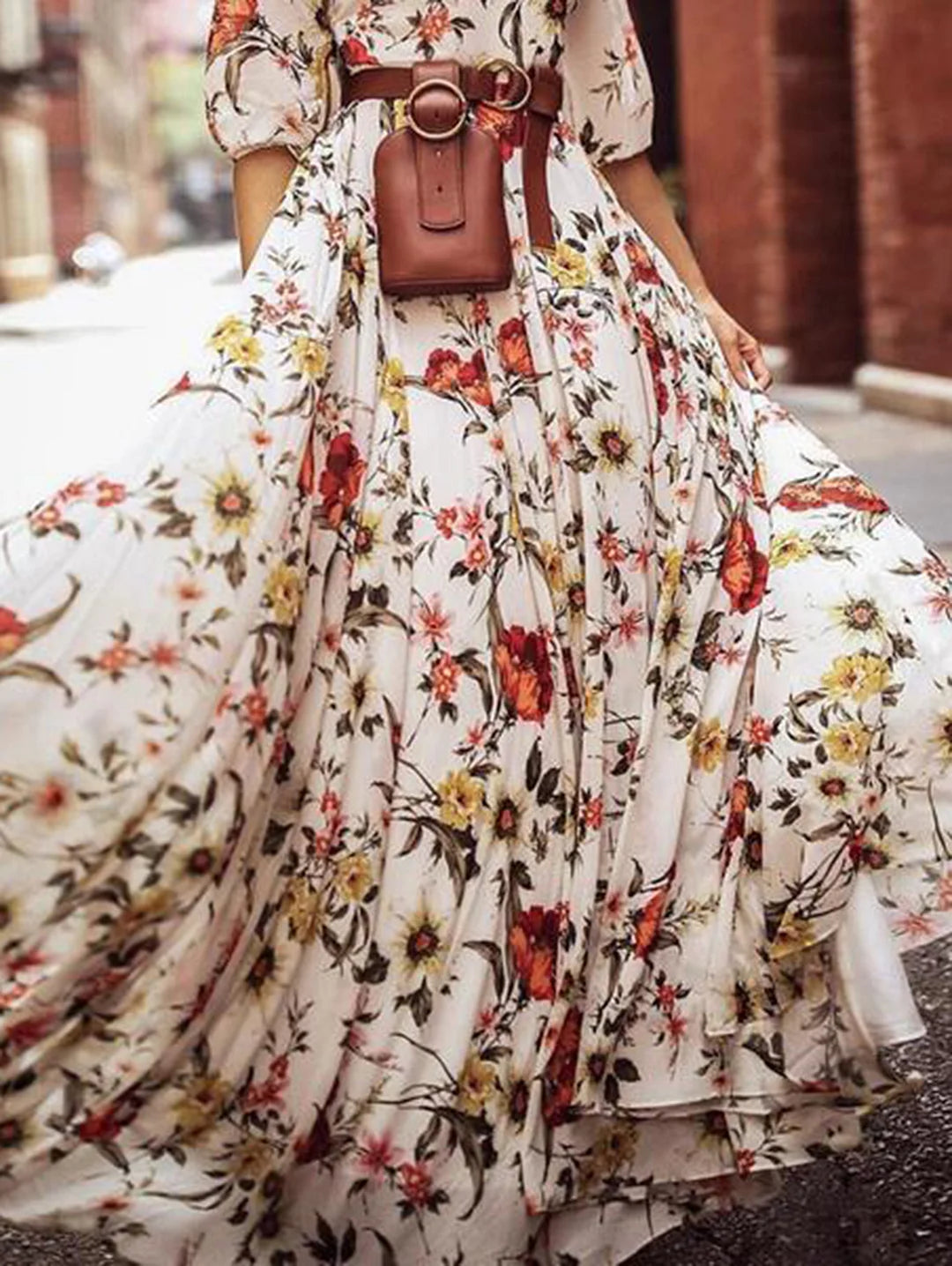 Pattern Crew Neck Maxi Dress Lantern Sleeve