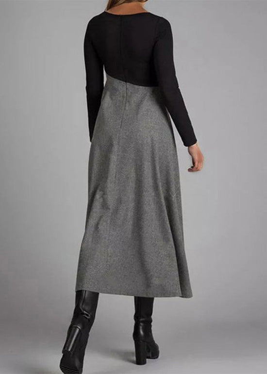 Grey Wrinkled Patchwork Woolen Long Dress Spring